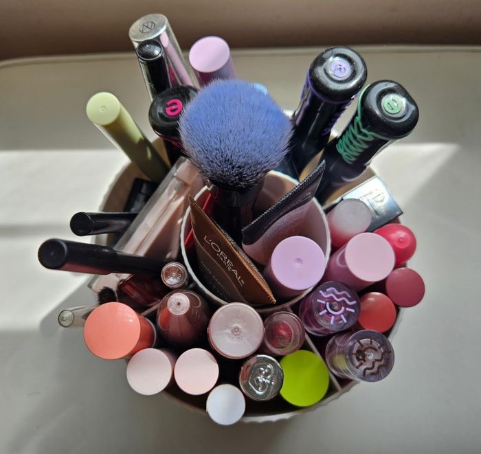 A selection of makeup items, including lipsticks, brushes, and eyeliners, neatly arranged in an organizer.