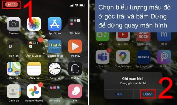 Bước 3: Khi bắt đầu ghi, biểu tượng màu đỏ sẽ xuất hiện ở góc trái. Để dừng quay, chọn biểu tượng đó và nhấn Dừng, thao tác rất dễ thực hiện.