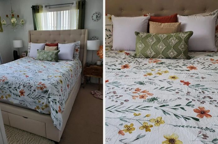 Reviewer image showcasing a white and yellow, red, and green floral duvet cover with matching pillowcases and throw pillows on a brown tufted bed frame, close-up shot highlighting the product.