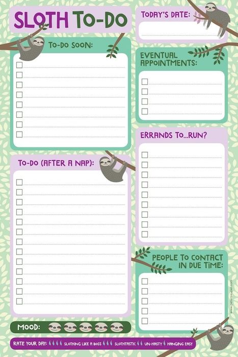 The planner includes adorable sloth illustrations and sections labeled with playful titles like "Eventual Appointments" and "To-Do (After A Nap)"