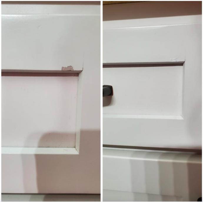 A customer’s review showing a before-and-after photo of their dresser: one with a paint chip, the other restored to a flawless finish.