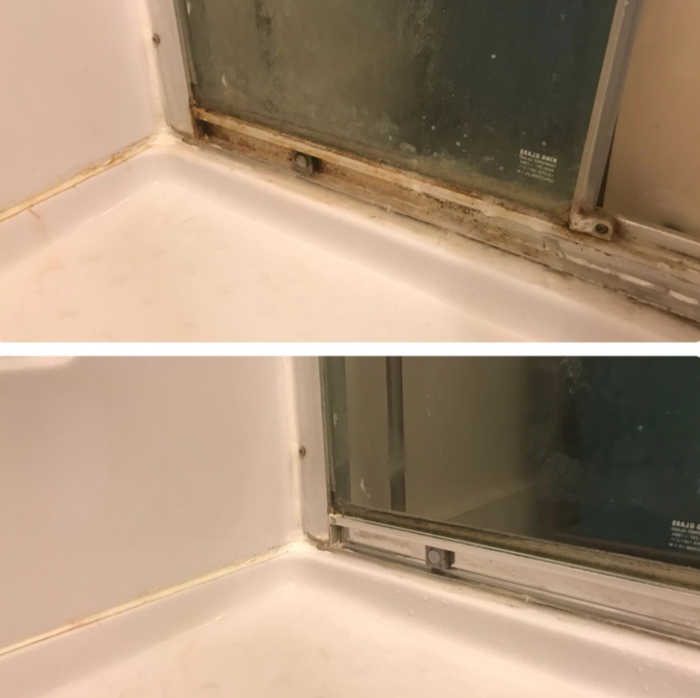 A grimy window track before and after being scrubbed clean with the scrubber drill.