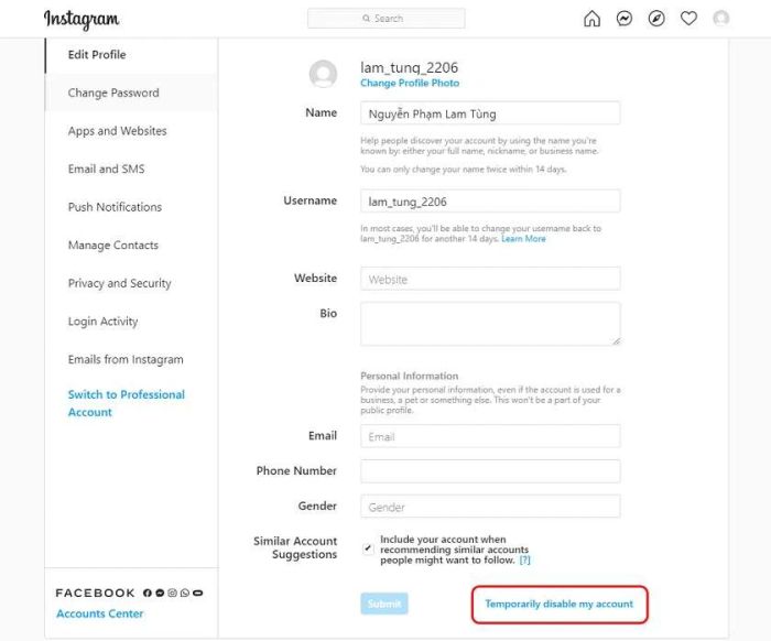 Hướng dẫn khóa Instagram bằng máy tính