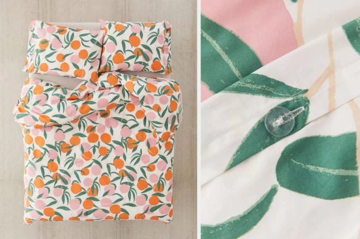 Orange and pink peach-patterned duvet cover with matching pillowcases on a brown background, featuring a close-up of the material and clear button closure.
