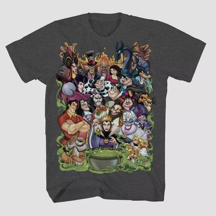 A gray t-shirt featuring Disney villains all over it