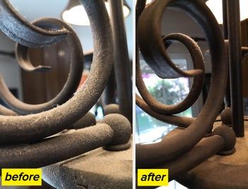 A reviewer's before-and-after photo showing dust removed from a surface.