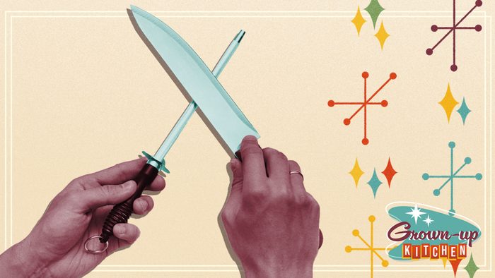 Hands carefully honing a kitchen knife.