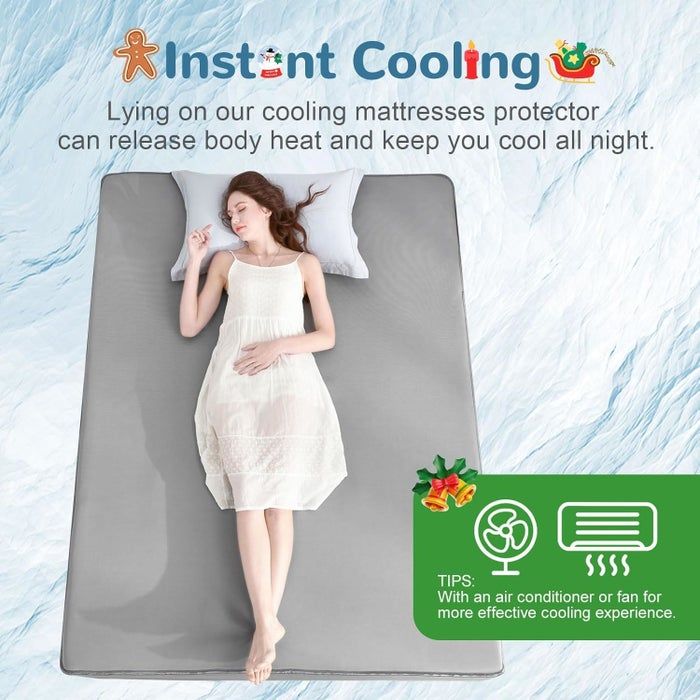 A woman resting on a cooling mattress protector, with a description highlighting the cooling effects and recommending pairing it with air conditioning or a fan for optimal results