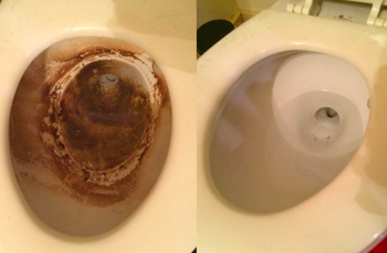 A customer’s before and after photo showing a stained toilet followed by the same toilet completely cleaned after use.
