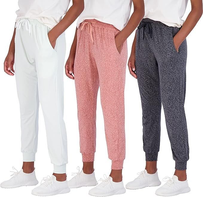 Joggers in a combination of white, pink, and gray colors