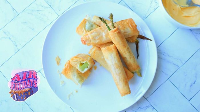 A plate of vegetables wrapped in crispy phyllo dough.