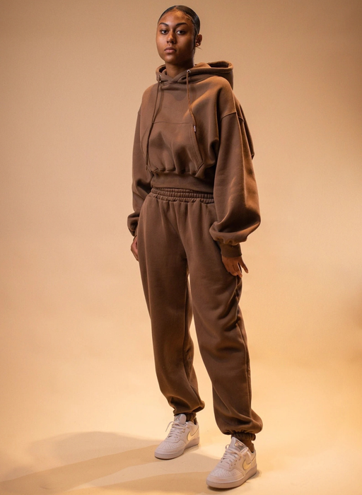 Model sporting the brown sweat set