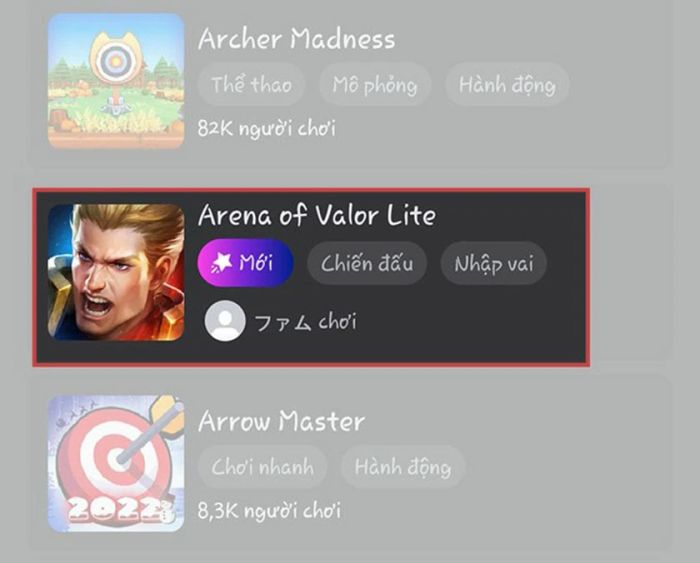 Thực hiện tìm kiếm và chọn game Arena of Valor Lite
