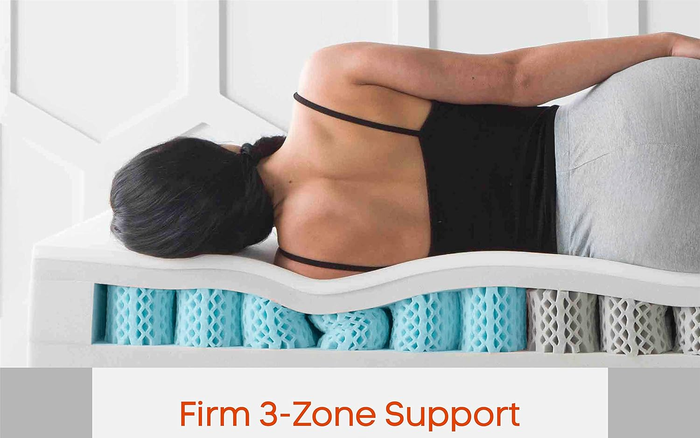 A model demonstrates the mattress topper, highlighting its three-zone support system