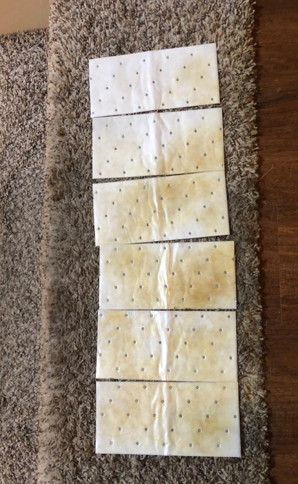 A reviewer’s photo showing cleaning pads absorbing stains from a carpet