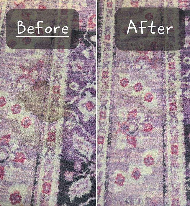 A reviewer shows a before-and-after of their dirty rug