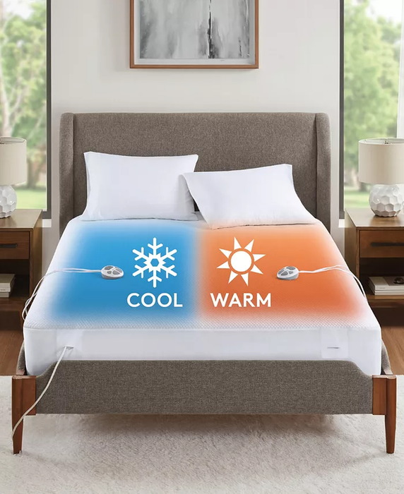 A bed with cooling and warming zones, represented by snowflake and sun icons, showcasing adjustable temperature controls on each side
