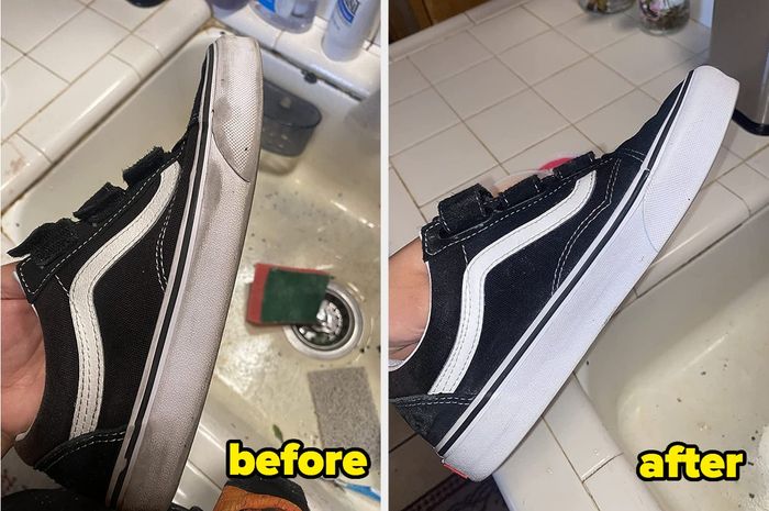 Before: a reviewer’s dirty shoe, and after: it’s spotless and fresh