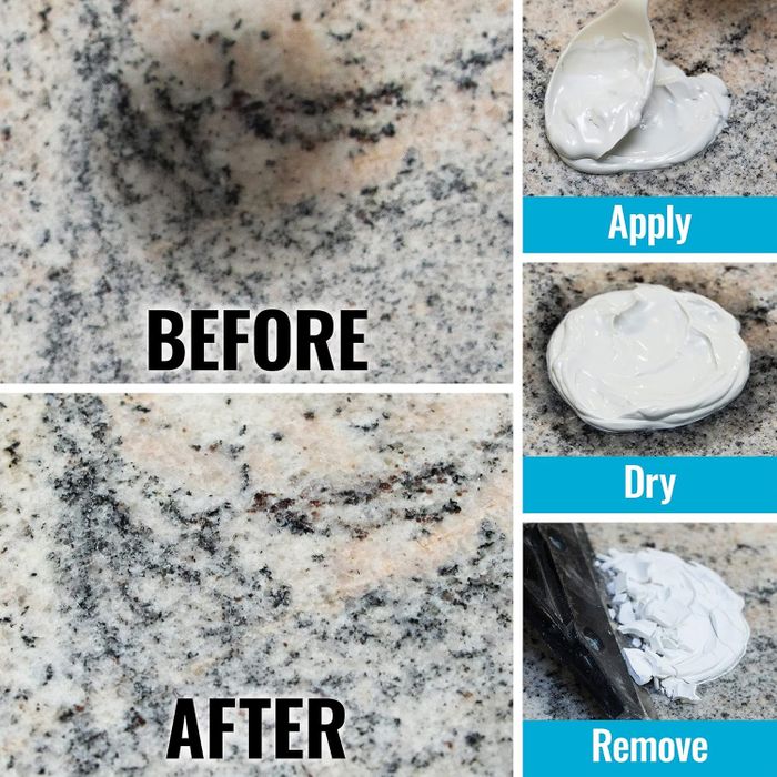 Granite countertop cleaning process: a side-by-side comparison showing before and after images with step-by-step instructions — apply, let dry, then wipe away the cream to reveal a spotless surface.