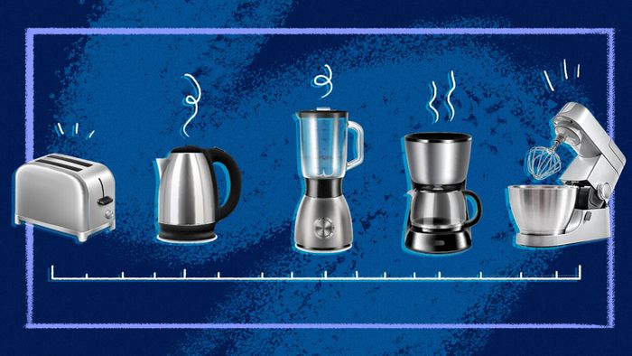 A collection of small appliances set against a soothing blue backdrop.