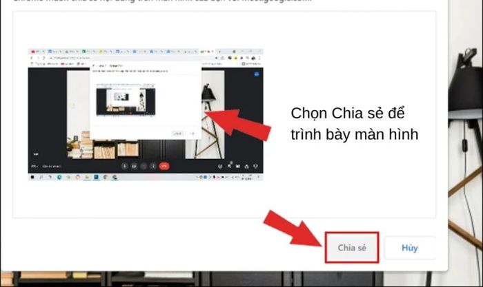 Nhấn vào nút chia sẻ để bắt đầu quá trình truyền tải màn hình.