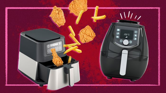 A visual comparison of two air fryers, each cooking chicken nuggets and fries with one model showcasing food floating out of it.