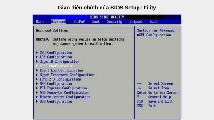 Giao diện chính của BIOS setup Utility trên Windows 10