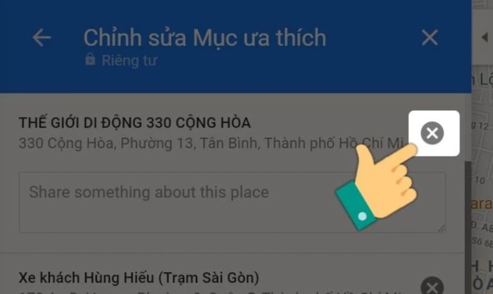 Chọn dấu X để xóa địa điểm đã lưu
