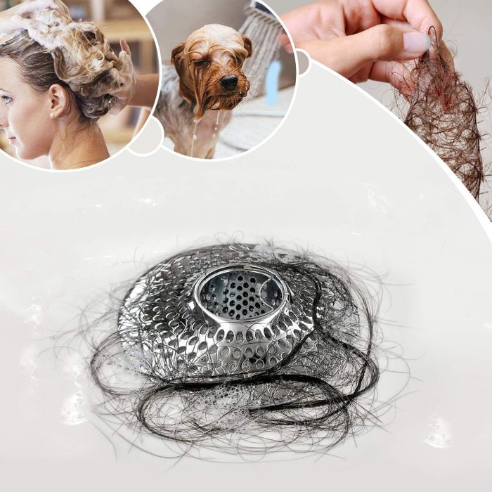 A hair catcher in a bathroom sink collects hair during washing. Insets show hair washing, emphasizing the product’s effectiveness for both humans and pets.