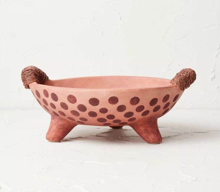 close up of the pink polka dot bowl