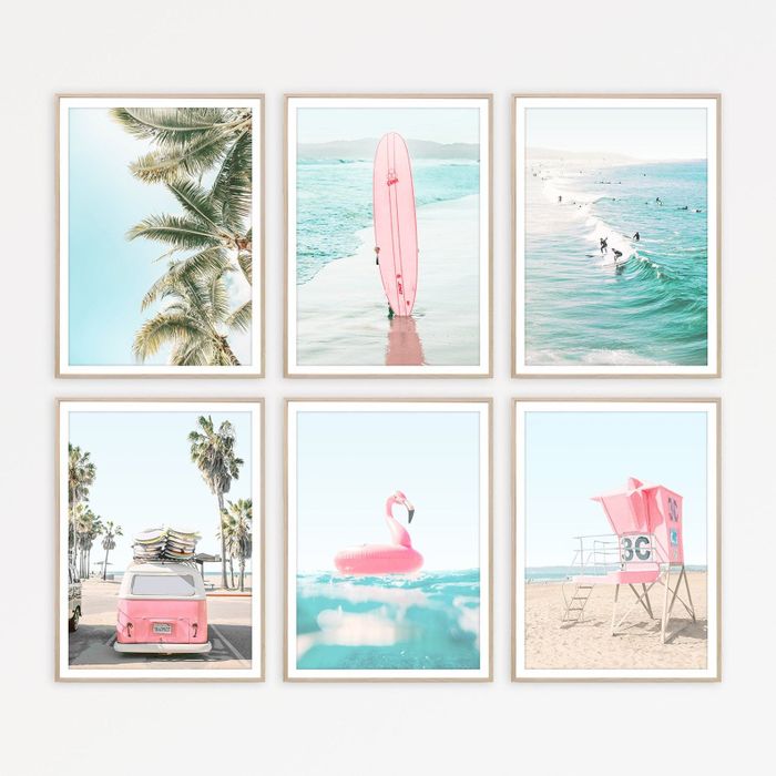 The set of six framed beach-themed digital prints