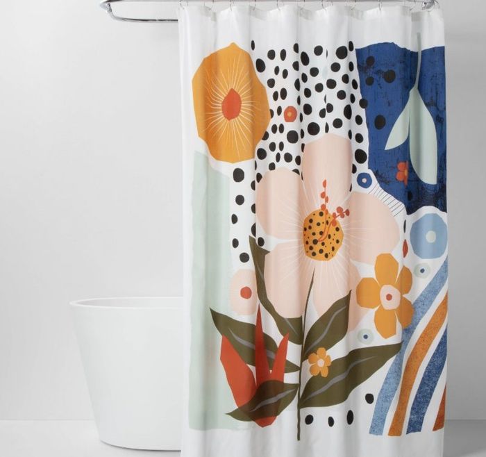 A decorative shower curtain