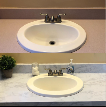 Before-and-after image of a bathroom sink, first with a gray counter and then with the adhesive applied for a fresh new look