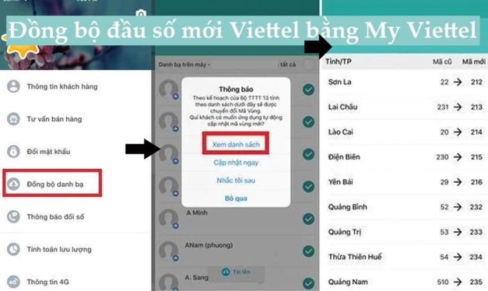 Thực hiện đồng bộ đầu số mới Viettel trên danh bạ thông qua ứng dụng My Viettel