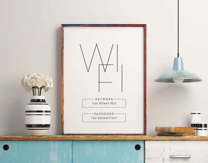 A sign that says 'welcome the wifi password is inmyhouse974' is shown.