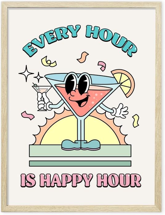 A poster featuring a cartoon cocktail glass character, festive confetti, and the playful message: