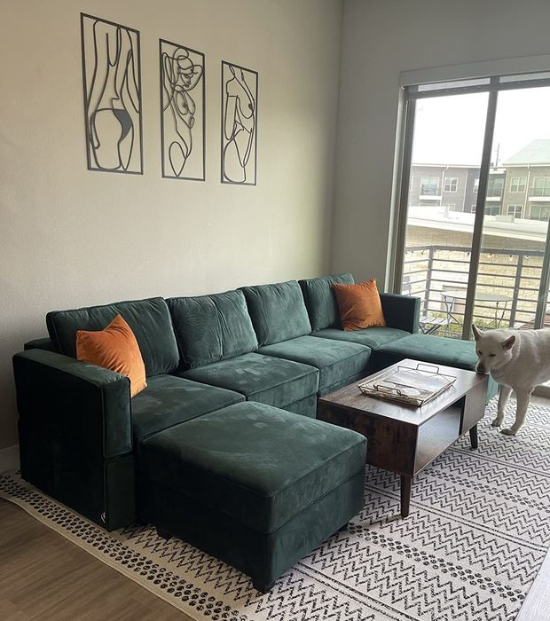 A reviewer’s photo of the green couch with a white dog beside it