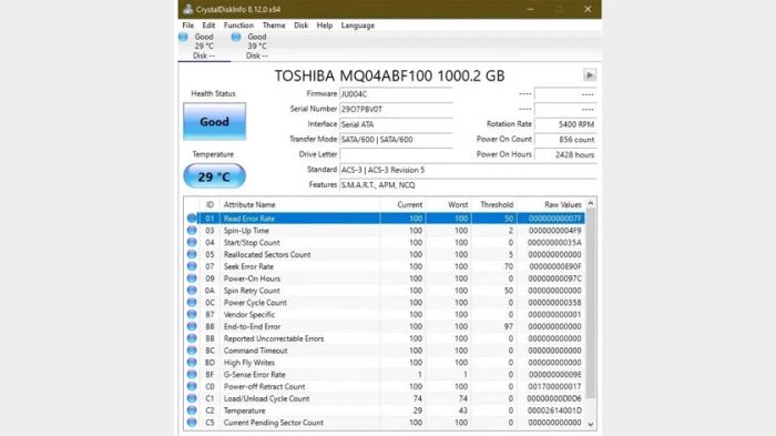 Sử dụng phần mềm CrystalDiskInfo để kiểm tra tình trạng ổ cứng laptop