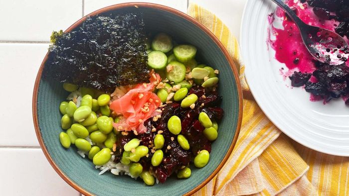 Sous vide beets paired with seaweed make for a quick and tasty vegan 'poke' alternative.