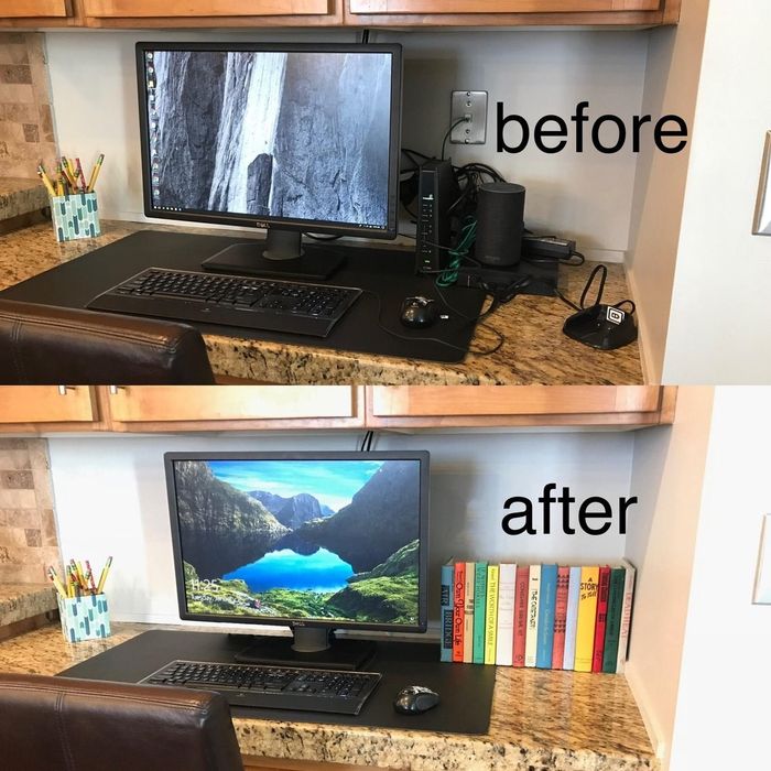 Before: a home office cluttered with routers, Amazon Alexas, and tangled cords next to the computer. After: the same space, now transformed with only a row of colorful book spines in view.