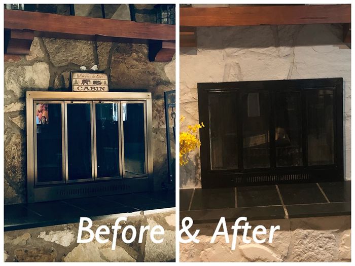 A reviewer's brass fireplace before: shiny brass, and after: a refined semi-gloss black finish.