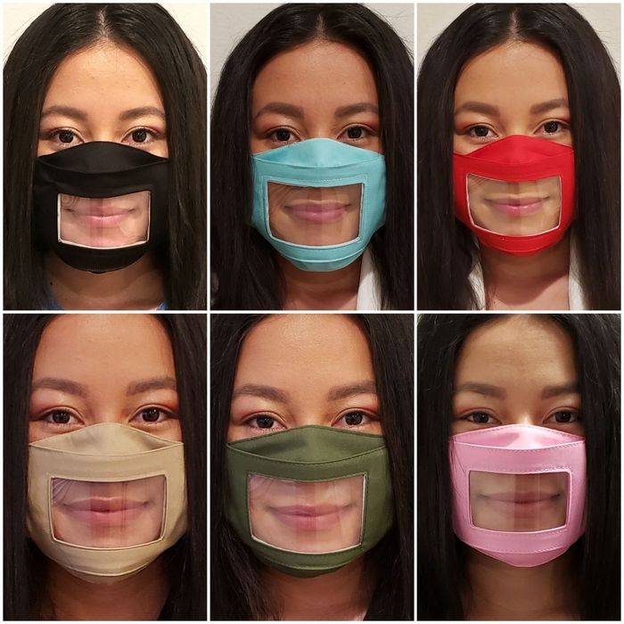 A collection of images showing a model sporting the mask in various colors.