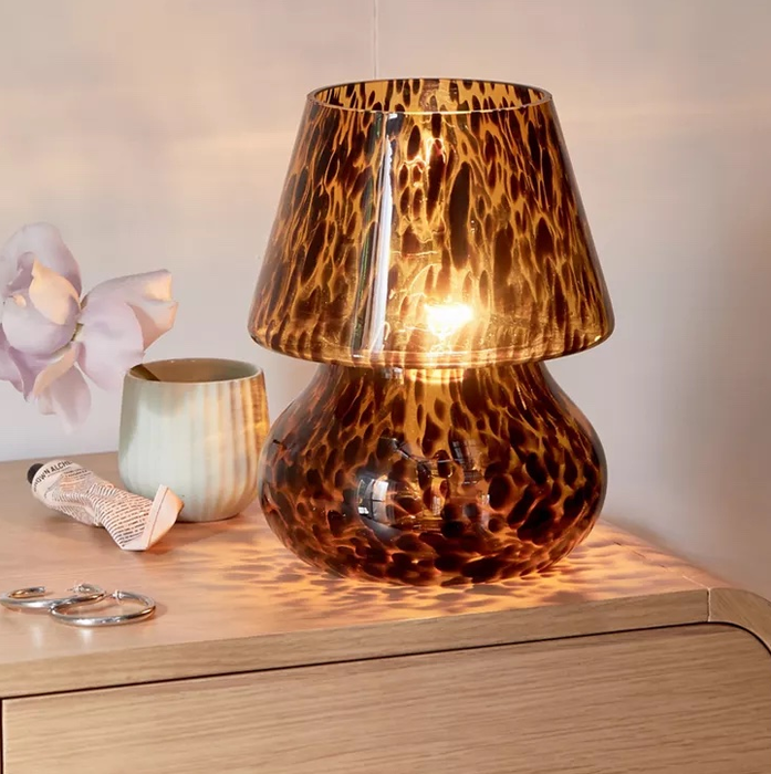 The glowing tortoise lamp on a nightstand accompanied by a flower, skin cream, and earrings.