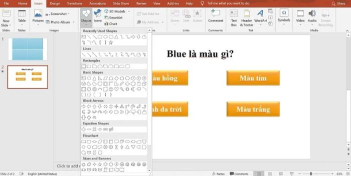 Cách tạo trò chơi trên PowerPoint bắt đầu với slide câu hỏi, nơi bạn sẽ đặt câu hỏi cho người chơi.