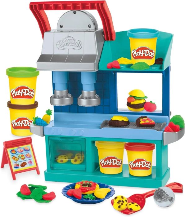 A Play-Doh kitchen set with an array of accessories, including food molds and vibrant containers for endless creative fun