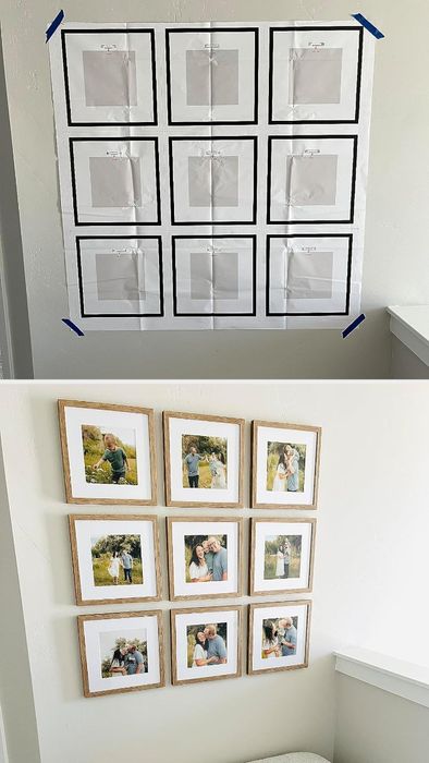 Two images: one shows a blank photo frame template, while the other displays a grid of nine photo frames arranged on a wall.
