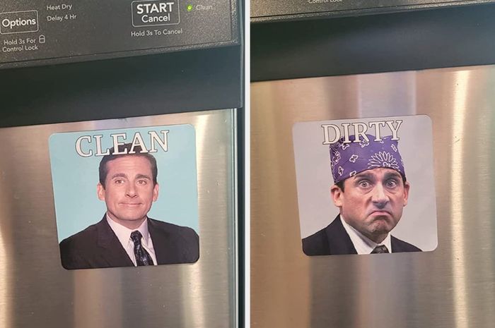 The clean and dirty sides of the Michael Scott dishwasher magnet displayed on a reviewer's appliance.