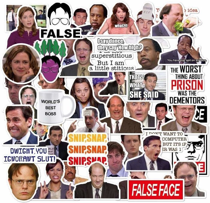 Stickers of Michael Scott and Dwight on various gadgets and electronics.