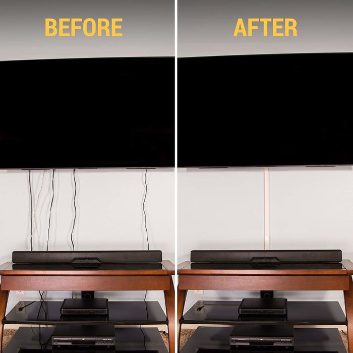 A comparison of a TV mounted on the wall: one image shows the cords hanging beneath, while the other shows them neatly concealed in a single, slim white raceway.