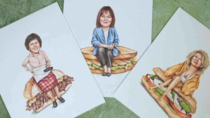 Art prints featuring celebrities on sandwiches.